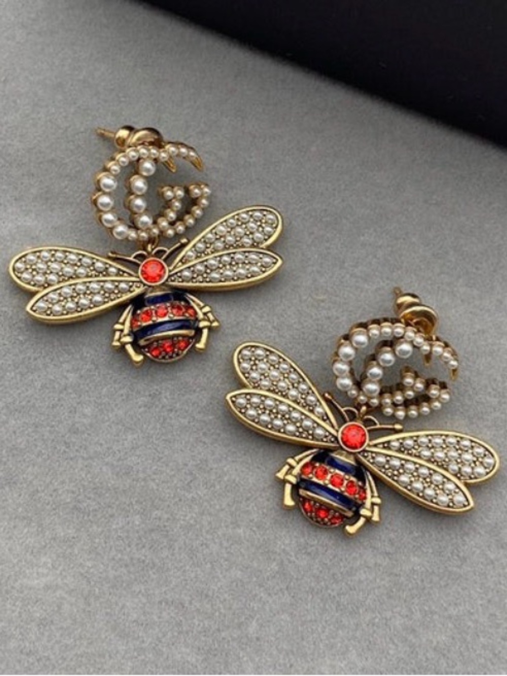Gold Bee Drop Earrings with Pearls and Red Crystal Accents Designer Inspired